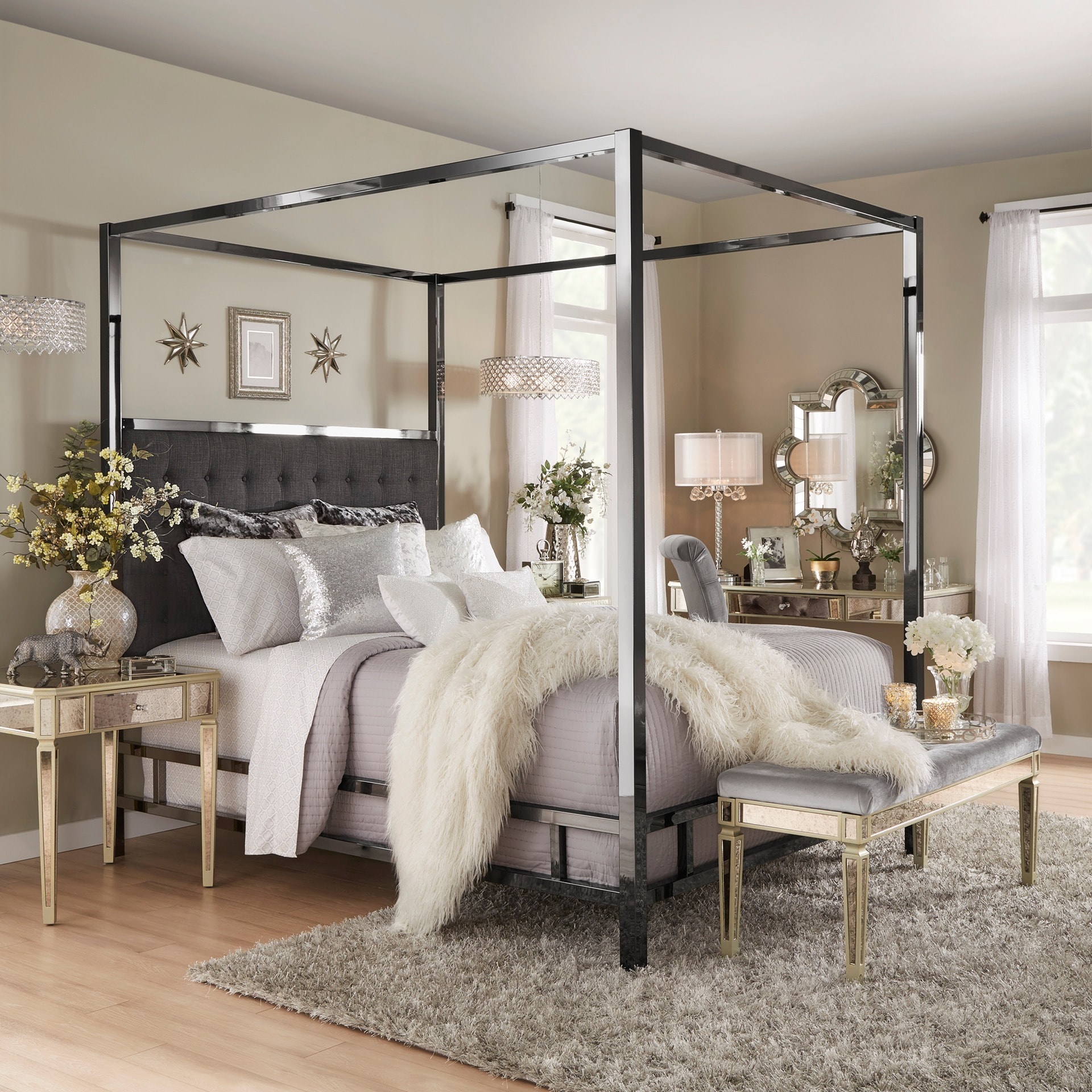 Metal Canopy Bed with Upholstered Headboard
