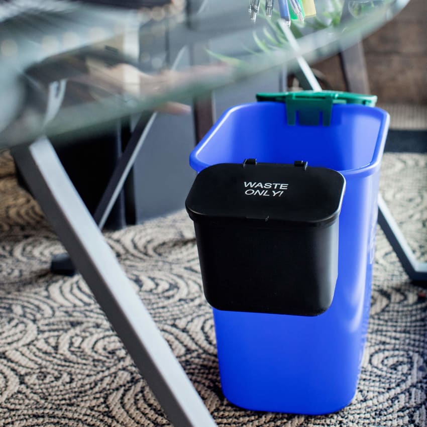 small hanging trash bin and hanging organics bin for the sides of a larger recycling bin in a modern office