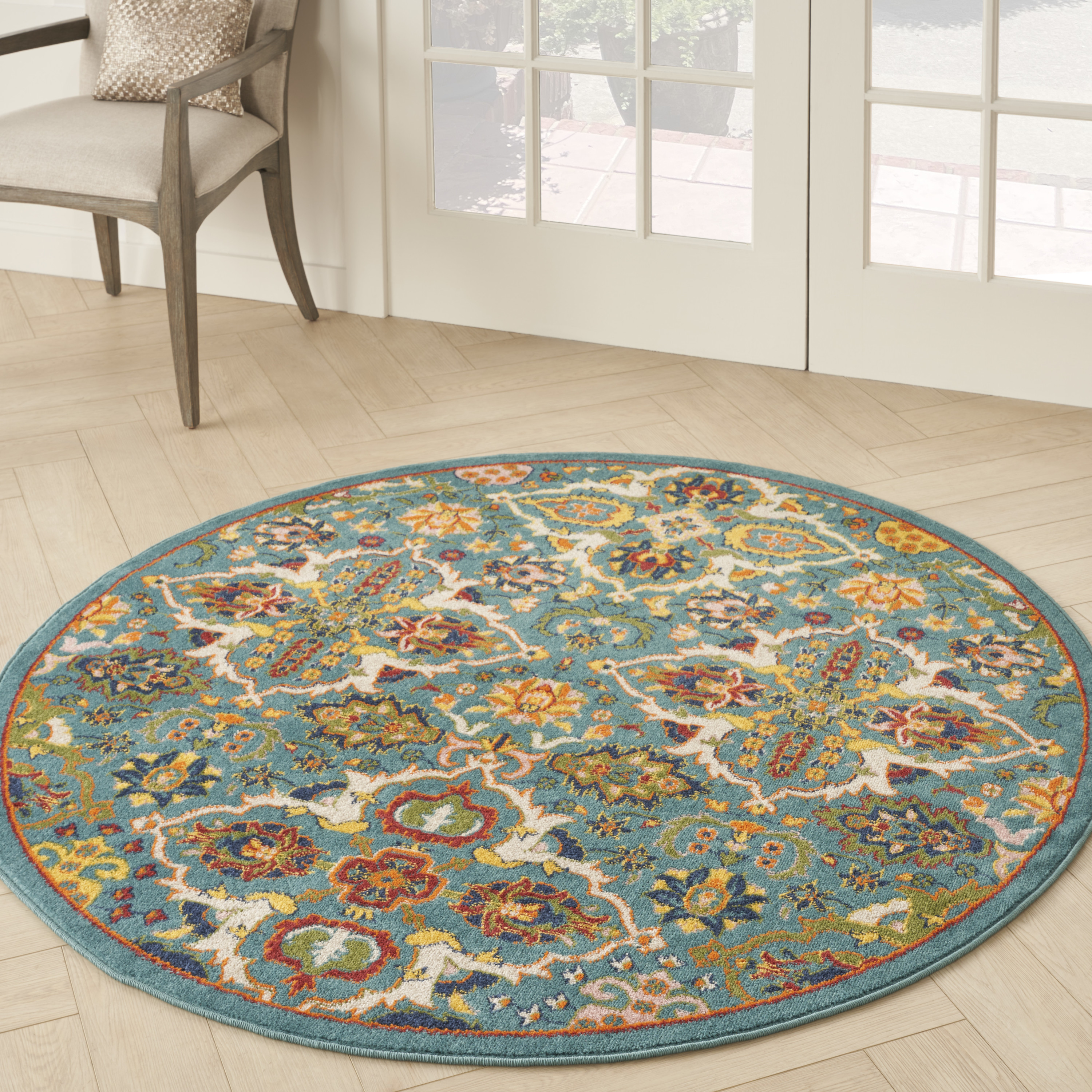 Nourison Allur 5'3" x Round Turquoise Ivory Bohemian Indoor Rug