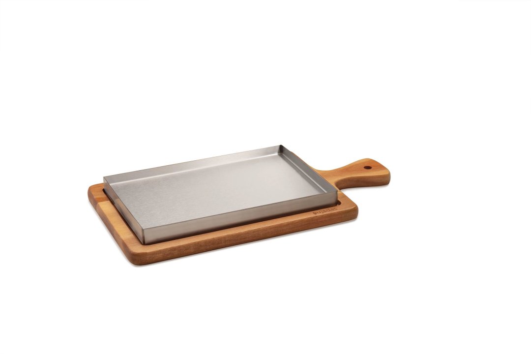 Paella pan 22 x 14 cm stainless steel and tray with handle 34 x 18 cm wood