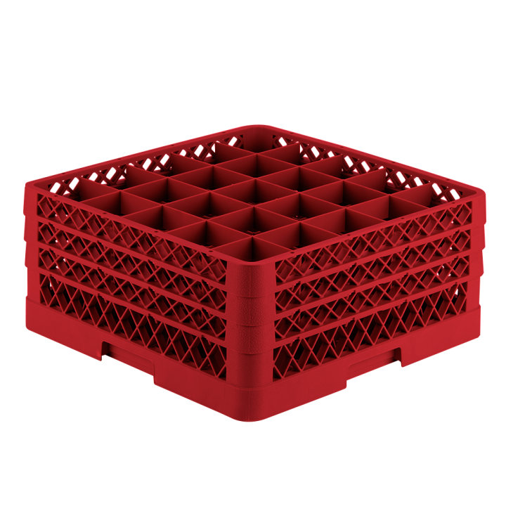 Full-size 25-compartment Traex® glass rack with three extenders in red