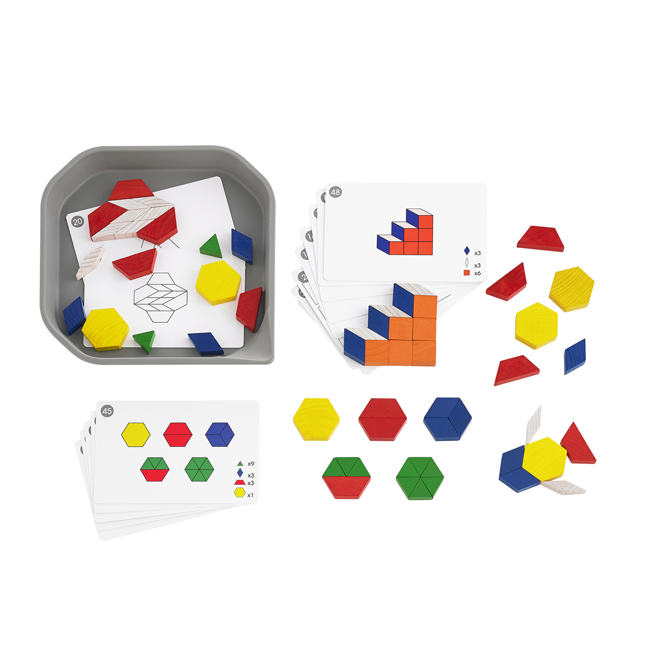 edxeducation FunPlay Pattern Blocks - Set of 60 Wooden Math Manipulatives + 50 Activities + Messy Tray image number null