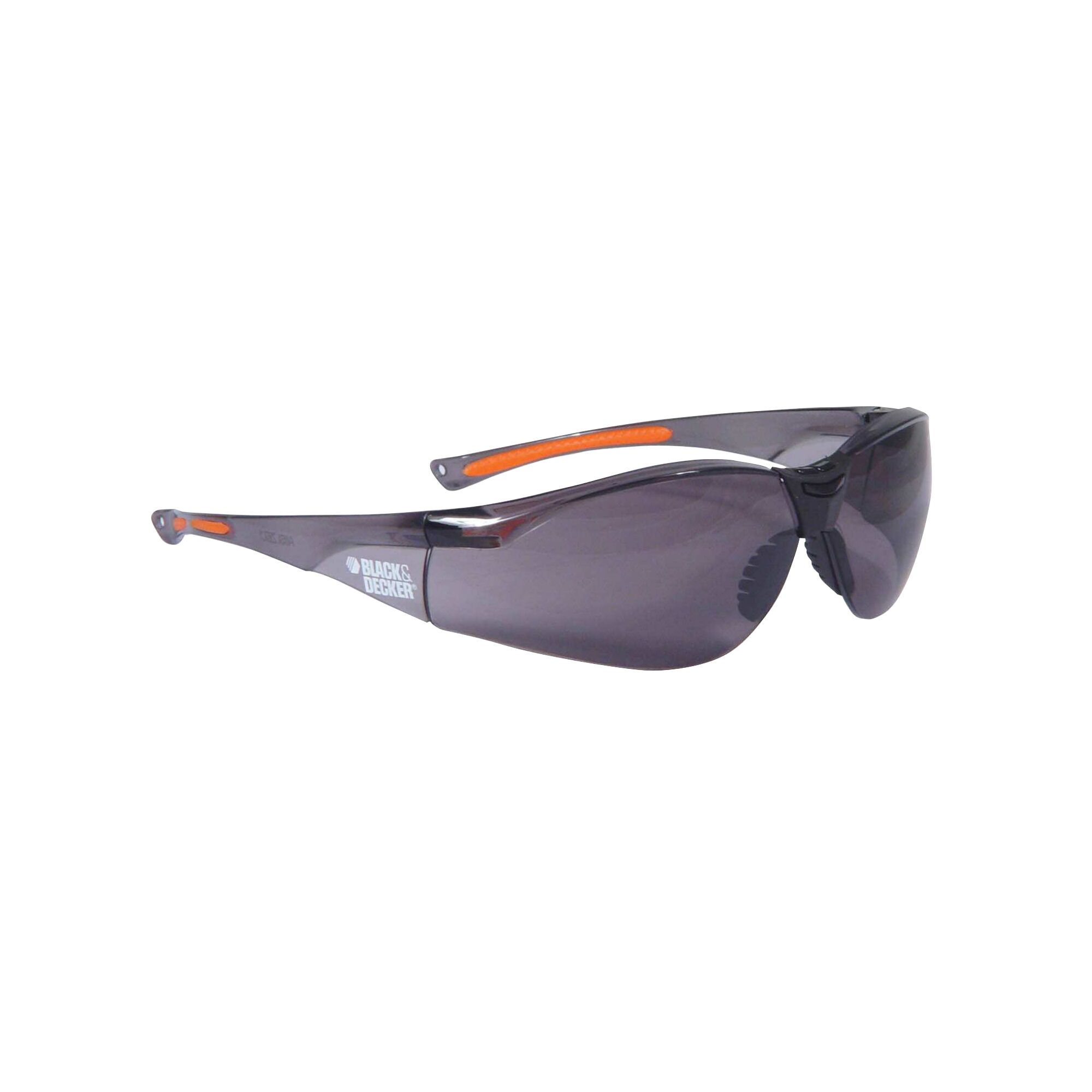 Profile of full wraparound eyewear with rubber temple grips.