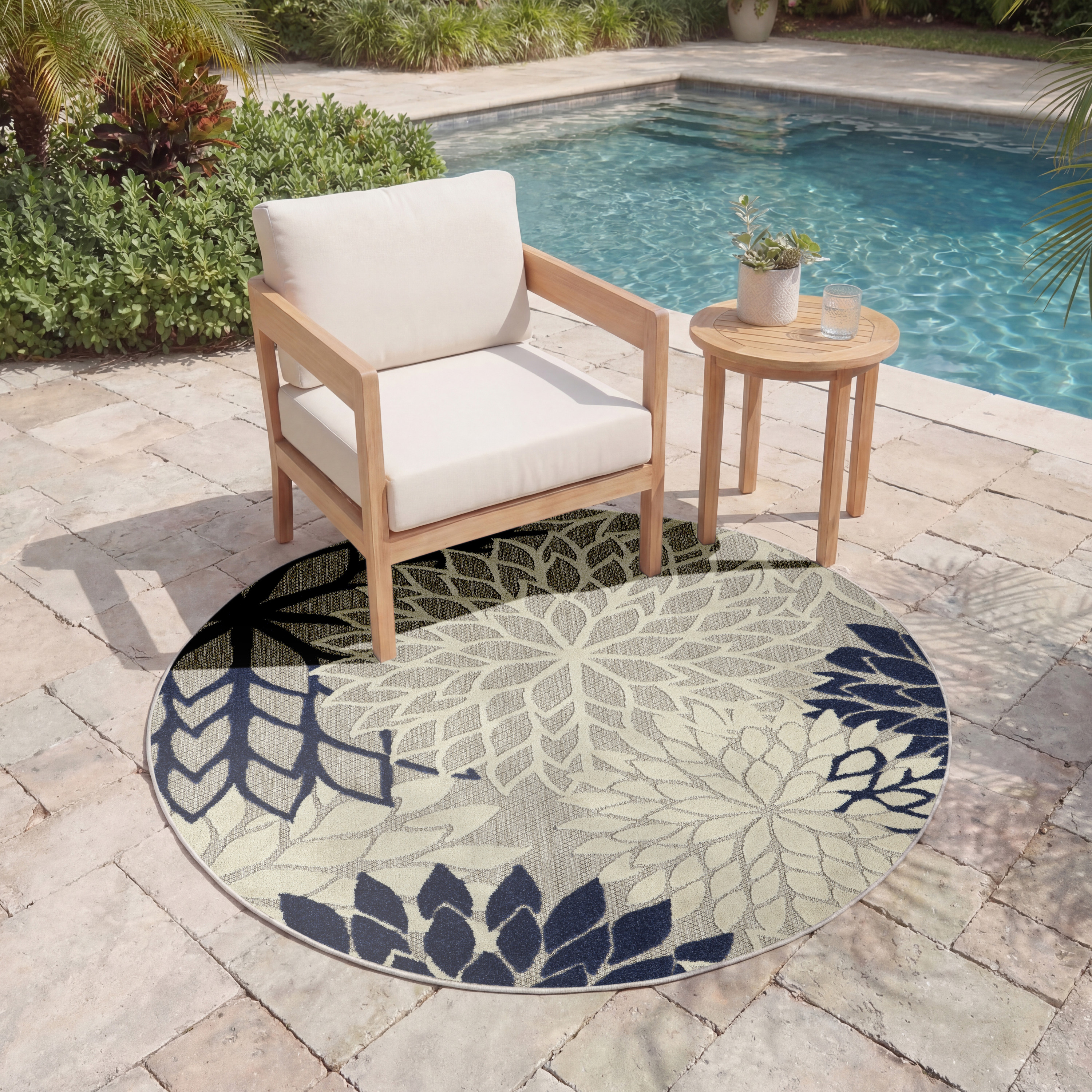 Nourison Aloha 5'3" x Round Ivory Navy Tropical Rug