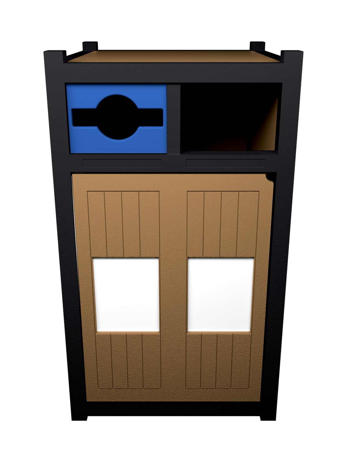 Busch Systems Aspyre Collection Vision XL Series 2 in 1 in cedar and black with blue opening and door signs
