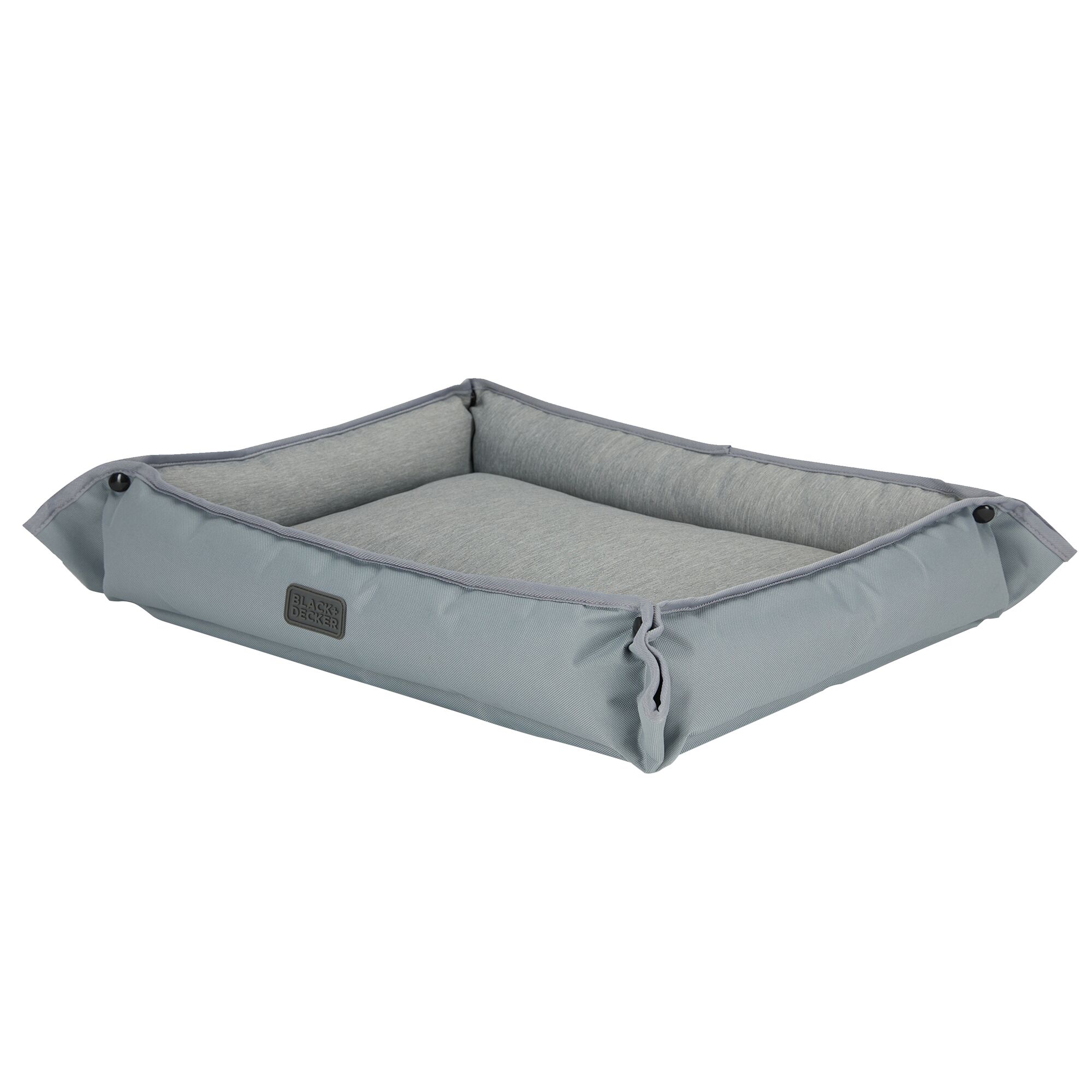 Profile of gray plush four-sided BLACK-DECKER dog bed with bed placed at an angle