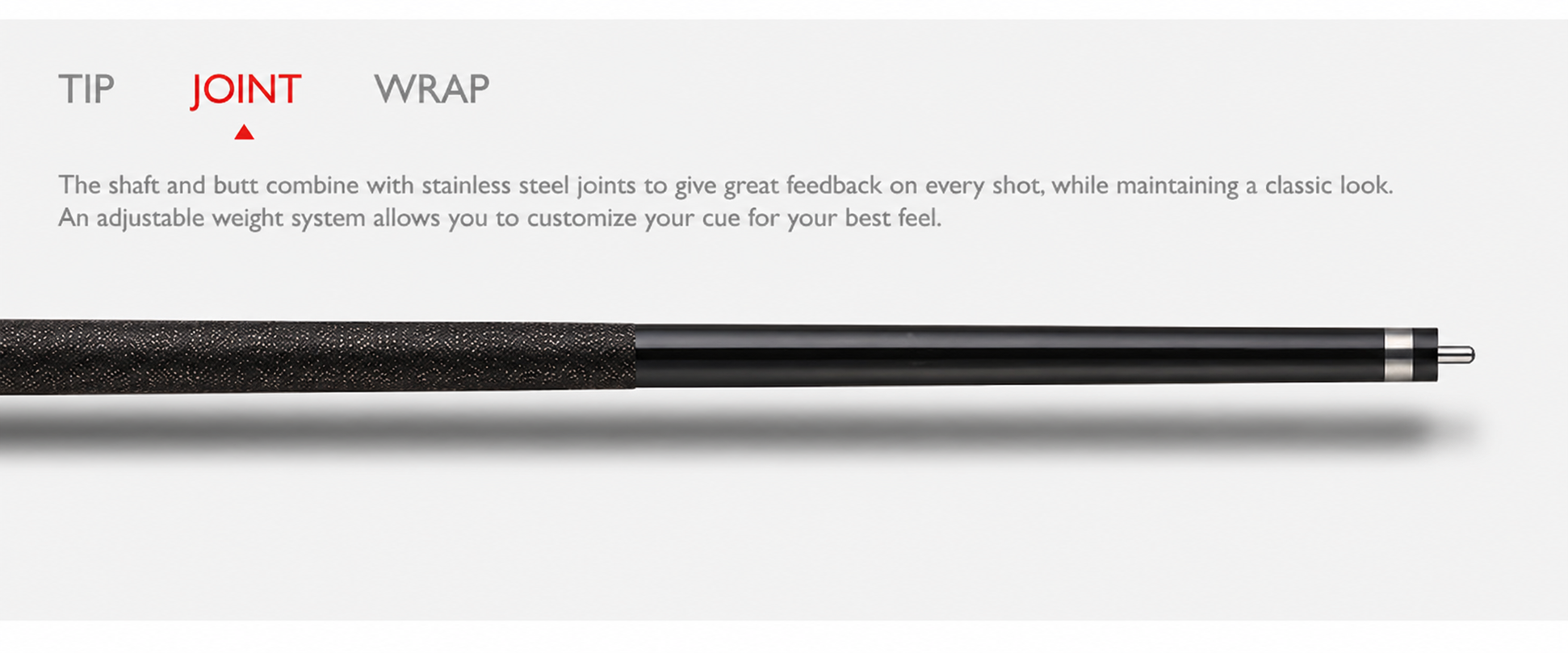 Billiard cue stick with textured dark wrap on shaft, black tapered butt, and chrome joint and ferrule