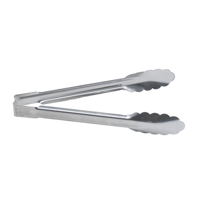 9 ½-inch heavy-duty stainless steel one-piece scalloped tongs