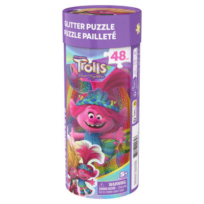 Spin Master, Trolls Band Together Movie Glitter Puzzle Canister with Bookmark, 48-piece Puzzle for Kids, Ages 5+