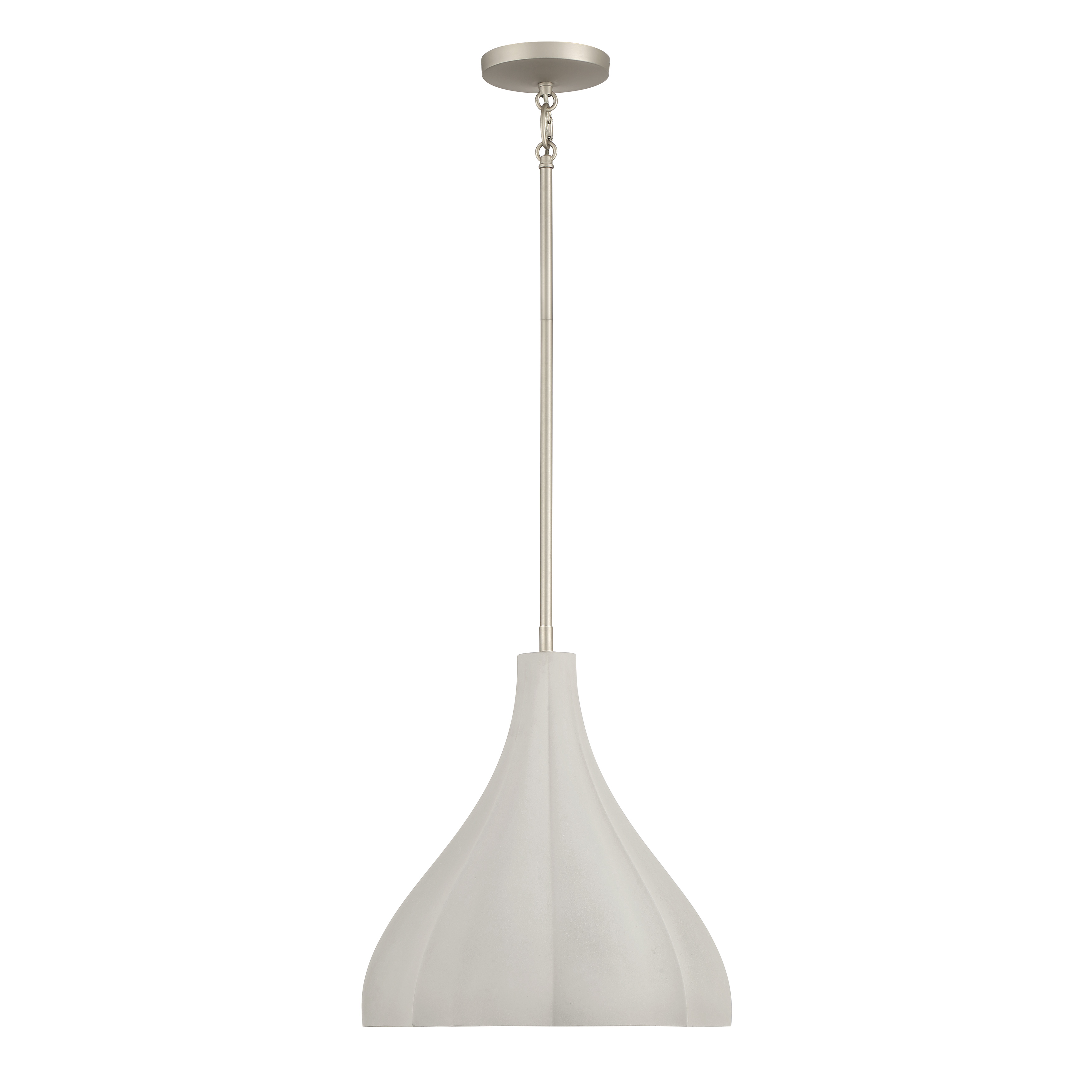 The Sima pendant combines raw cement texture with burnished nickel metalwork for an industrial-contemporary aesthetic. Its compact 14-inch diameter makes it perfect for intimate spaces or clustered installations. - alternate view