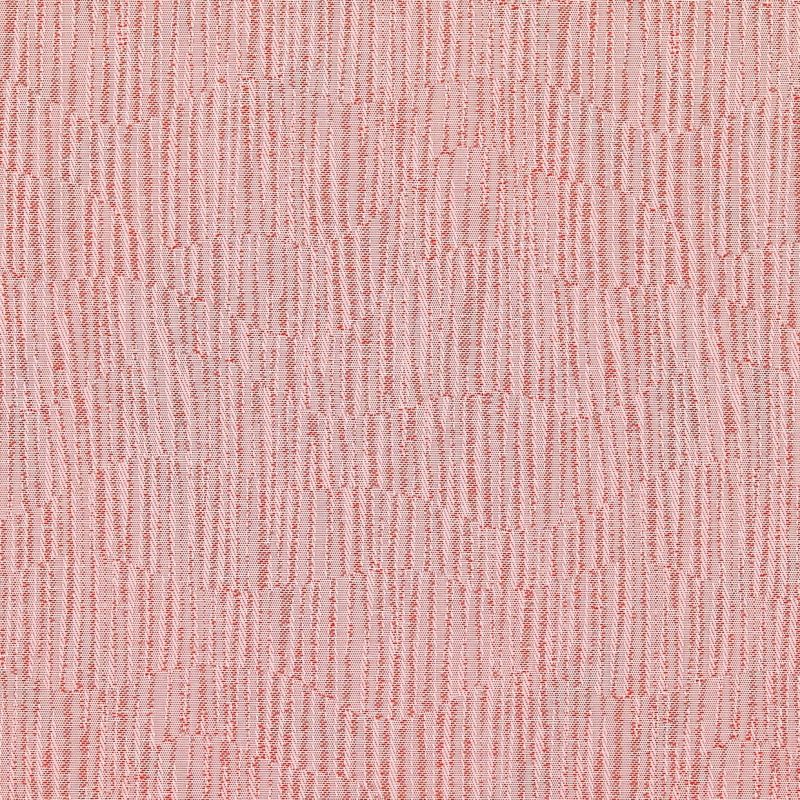 Pink woven textile with irregular vertical white threads forming thin stripes; fabric lies flat as a close-up swatch under even, diffuse lighting, revealing coarse woven texture.