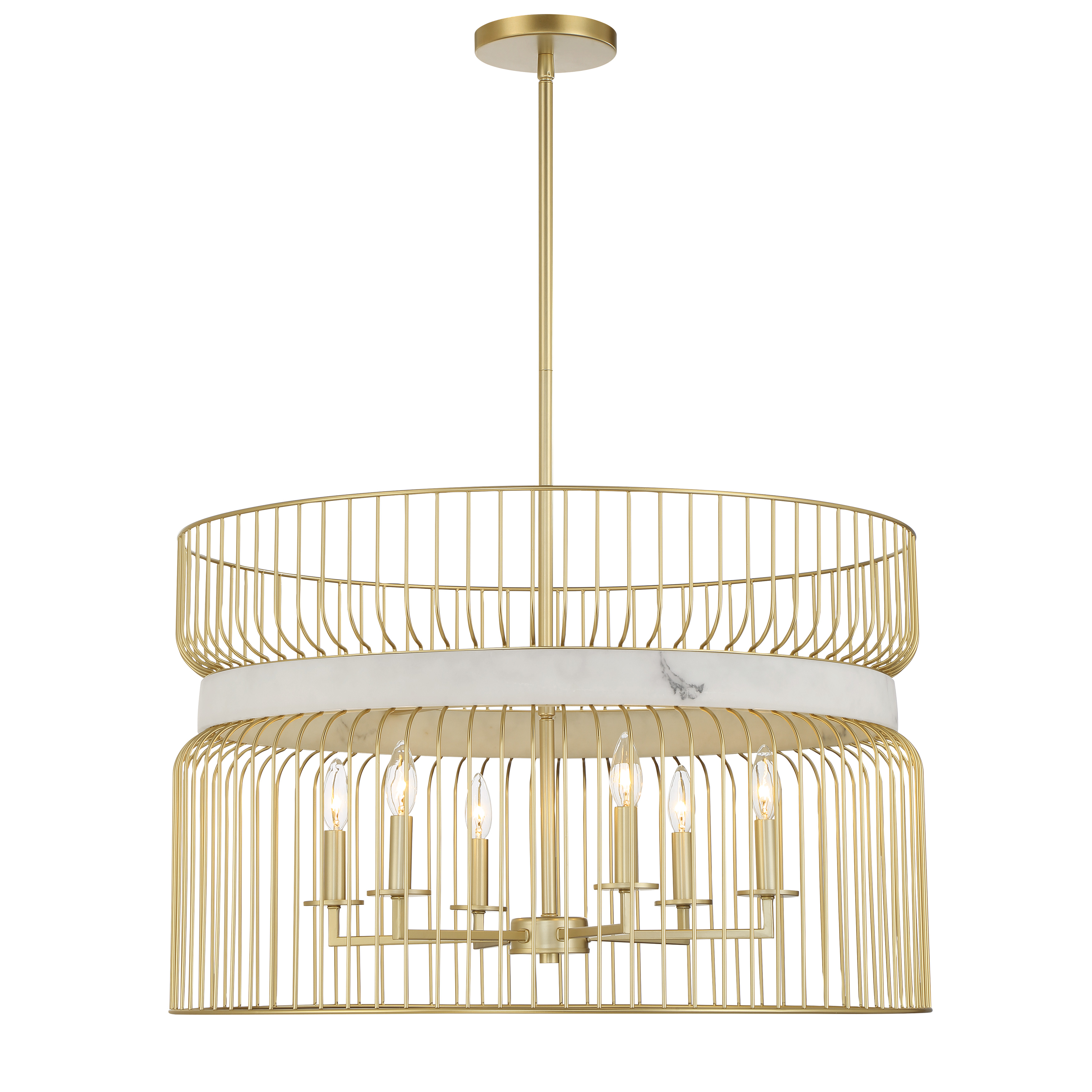 Robin Baron's Park Slope pendant combines contemporary elegance with timeless materials. Six candelabra lights behind faux alabaster shades create a warm, diffused glow, while the Nouveau Gold finish adds luxe sophistication. - alternate view