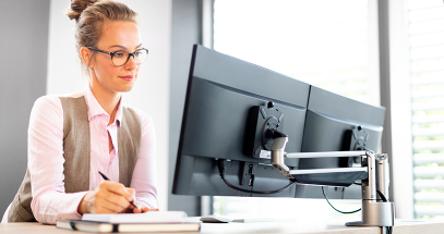 Monitor arms adjust to your ideal viewing position to prevent neck and eye strain.