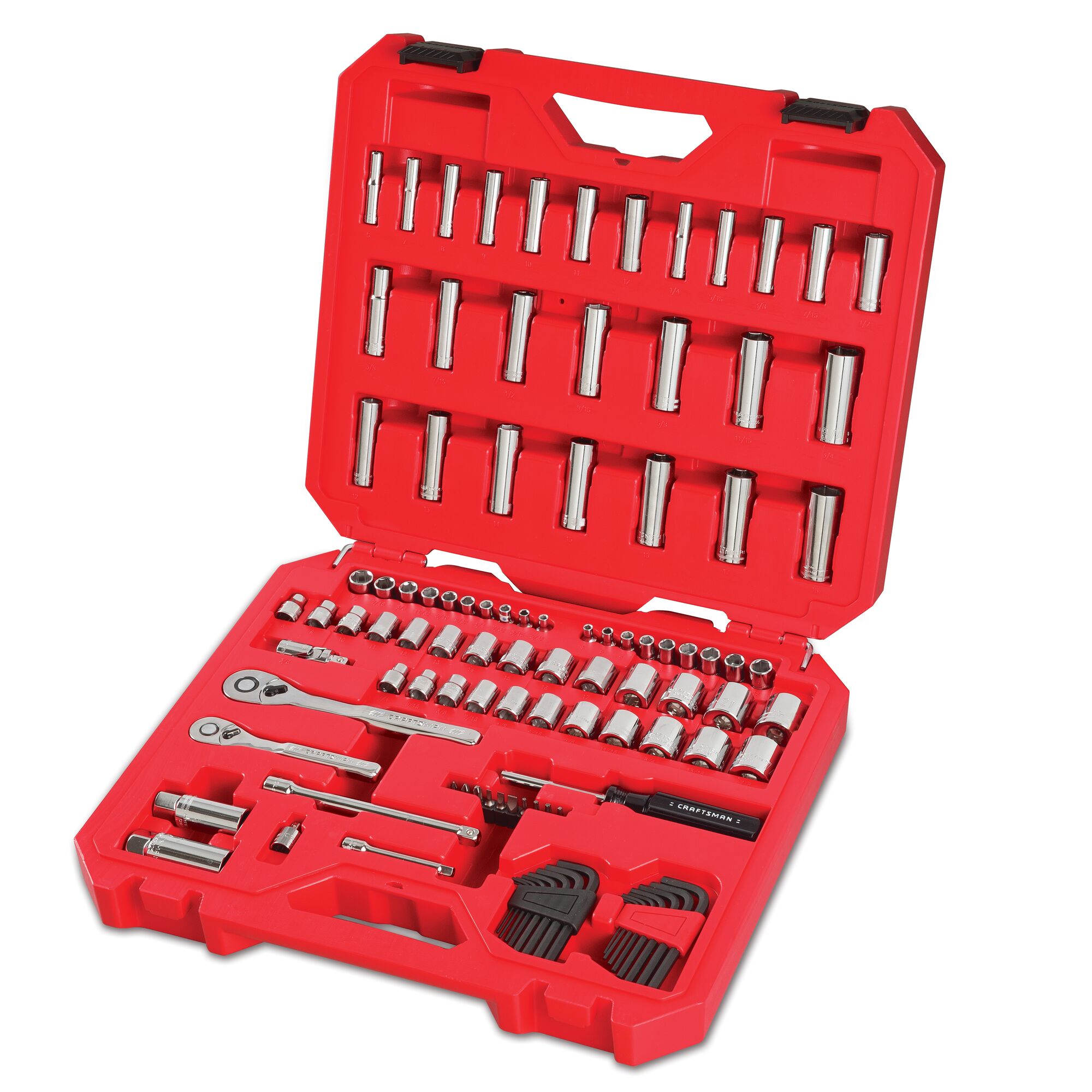 105 piece quarter inch and 3 eighths inch drive mechanics tool set in case.