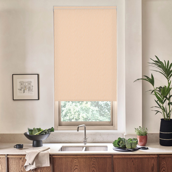 Beige roller blind partially lowered over a kitchen window; stainless faucet over double sink on marble countertop, flanked by potted plants, a bowl of greens, and a framed sketch.
