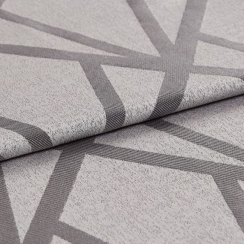Textured light-grey fabric with dark-grey intersecting geometric bands (raised weave), folded once to reveal the edge; close-up studio-lit view highlighting weave, pattern and subtle sheen on a neutral surface.