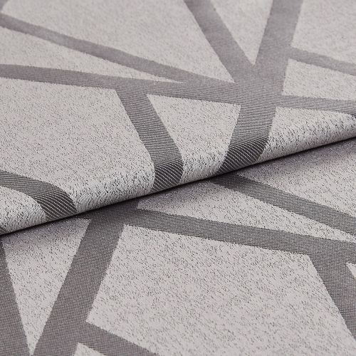 Textured light-grey fabric with dark-grey intersecting geometric bands (raised weave), folded once to reveal the edge; close-up studio-lit view highlighting weave, pattern and subtle sheen on a neutral surface.