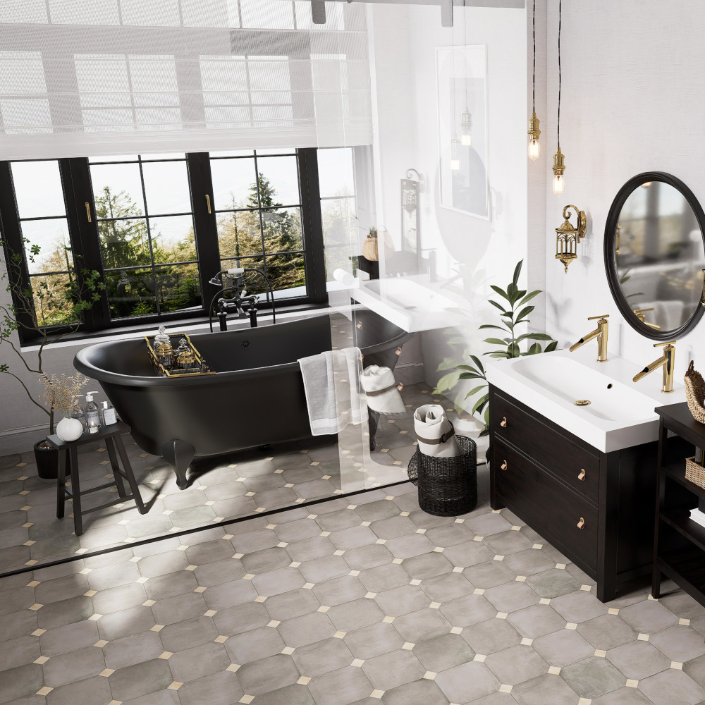 Laverton Octagon Grafito with Taco Beige 7-7/8 in. x 7-7/8 in. Porcelain Floor and Wall Tile