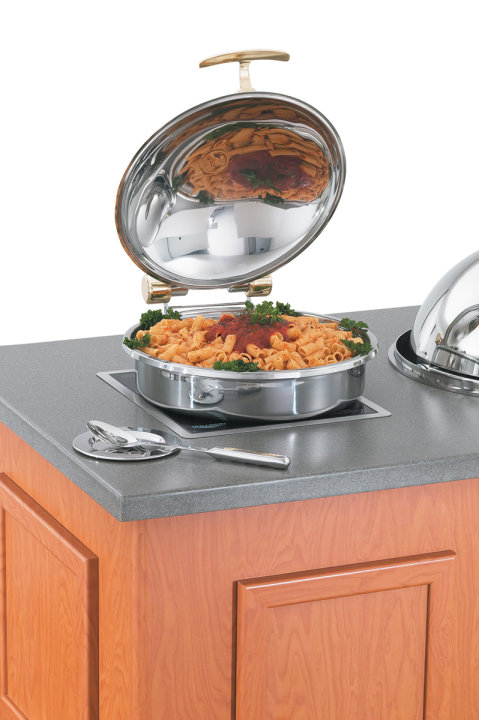 6-quart Intrigue® round stainless steel induction chafer with brass trim