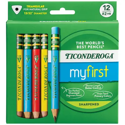 Ticonderoga My First Short Triangular Wood-Cased Pencils, #2 HB Soft, With Erasers, Primary Colors, 12 Count