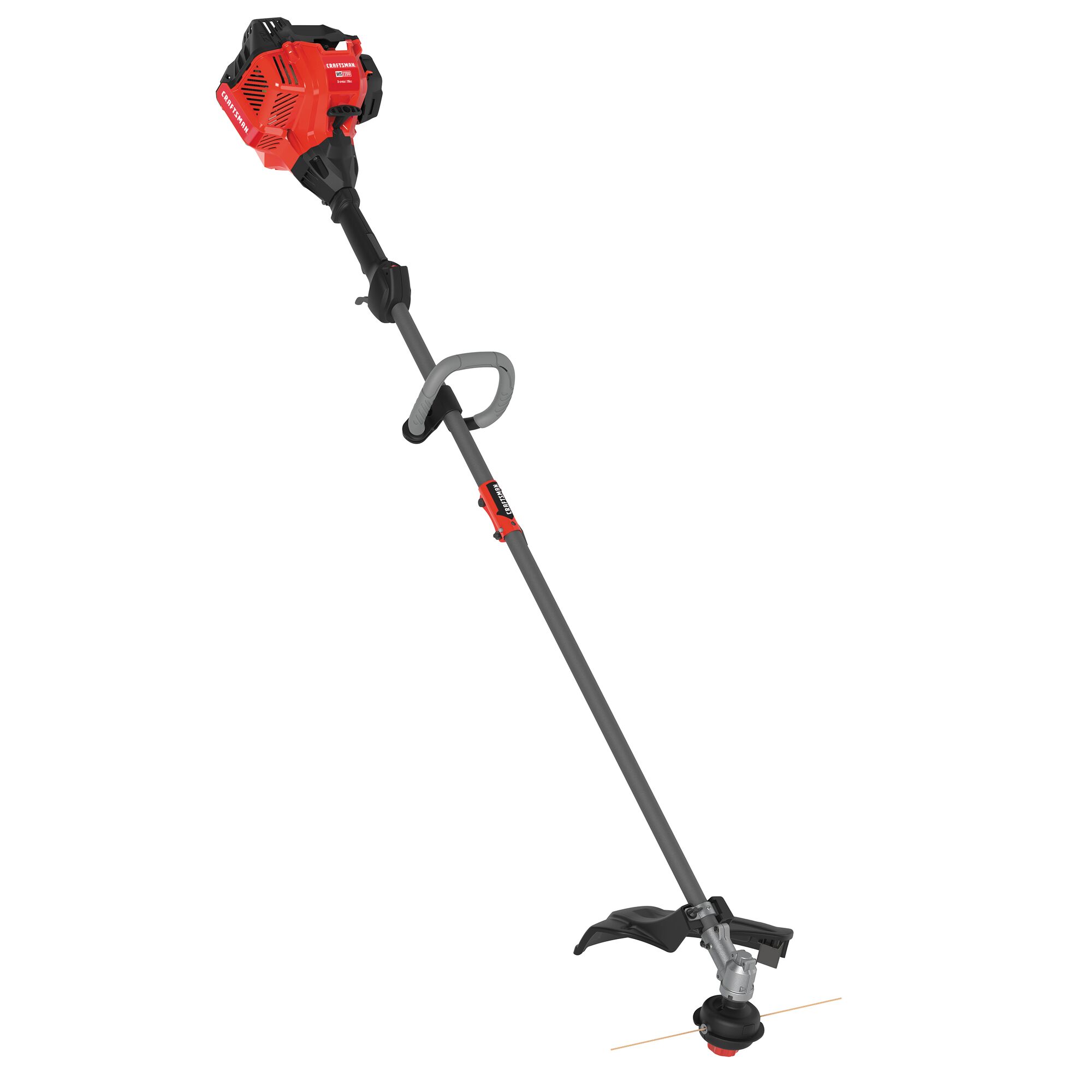 Left profile of  W S 2200 weedwacker 25 C C 2 cycle 17 inch attachment capable straight shaft gas trimmer.