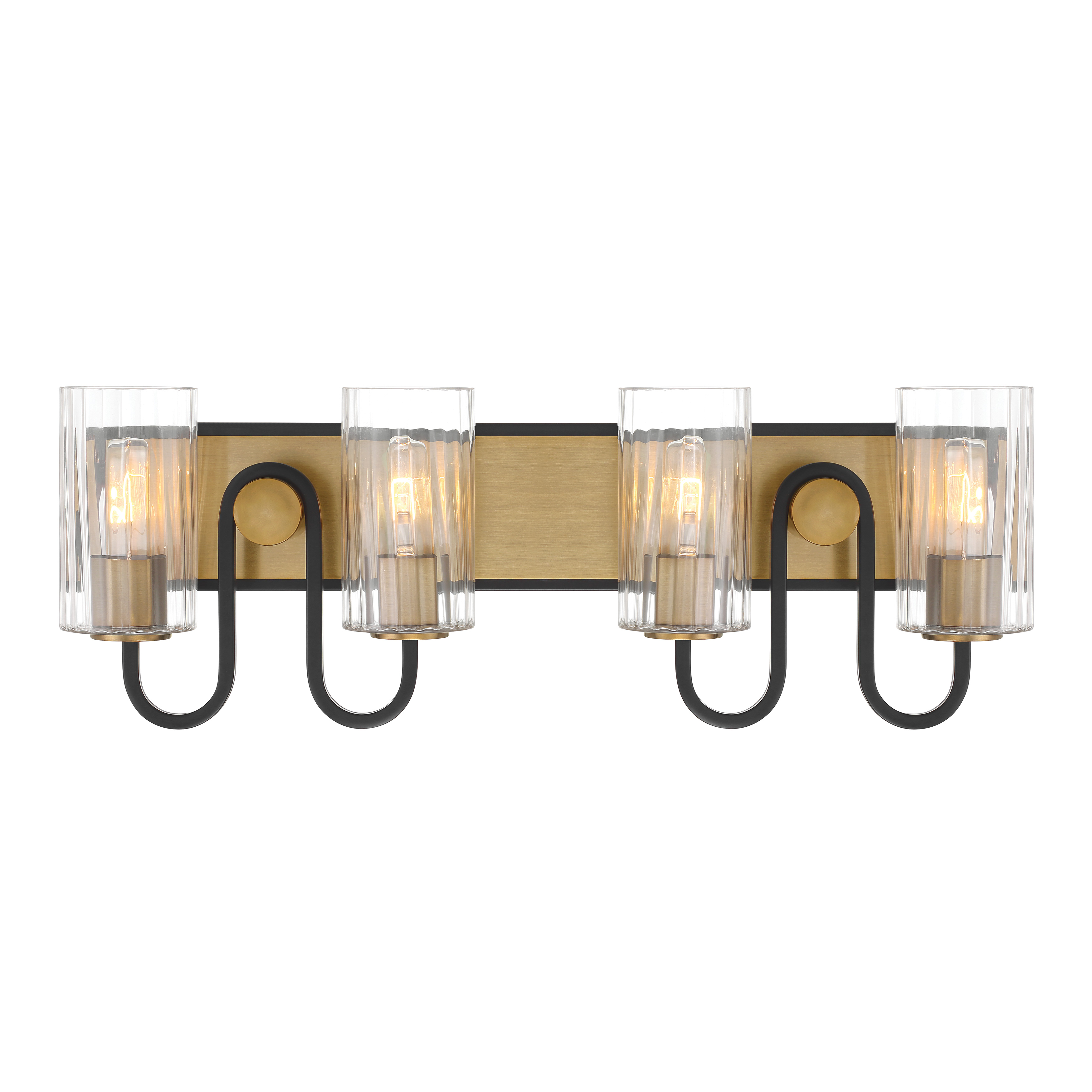 The Orla 28" vanity light combines Legacy Brass and Matte Black finishes with clear ribbed glass shades for sophisticated bathroom lighting. Its 4-light configuration provides ample illumination while the mixed metal aesthetic adds visual interest. - alternate view