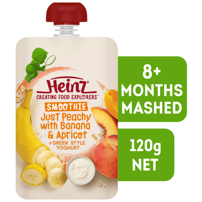  Heinz® Just Peachy with Banana & Apricot + Greek Style Yoghurt Smoothie Baby Food Pouch 8+ months 120g 