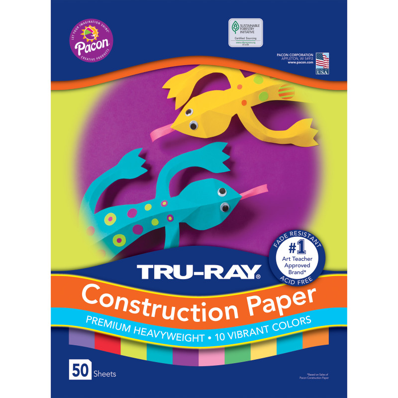 Construction Paper, Heavyweight, Vibrant Assortment, 10 Vibrant Colors, 12" x 18", 50 Sheets