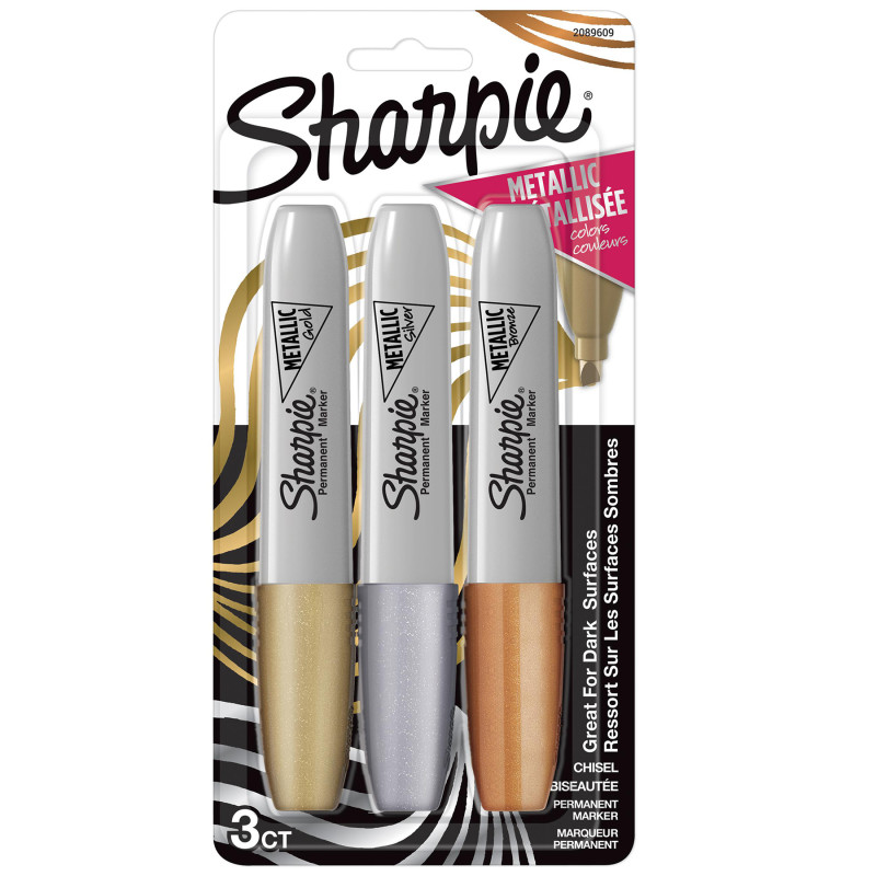 Metallic Permanent Markers, Chisel Tip, Assorted Colors, 3 Count