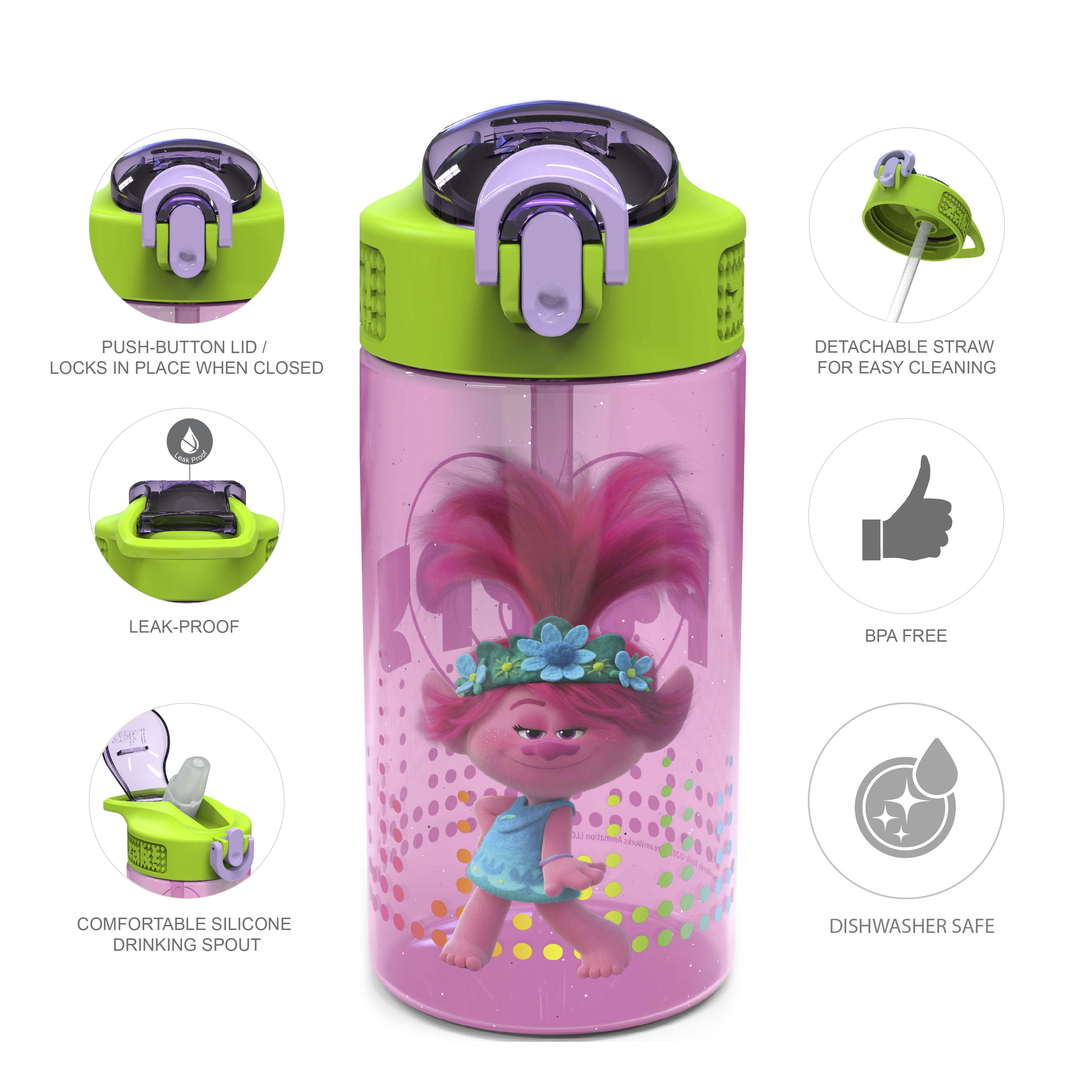Trolls 2 Movie 16 ounce Reusable Plastic Water Bottle with Straw, Poppy, 2-piece set slideshow image 8 Trolls 2 Movie 16 ounce Reusable Plastic Water Bottle with Straw, Poppy, 2-piece set slideshow image 8