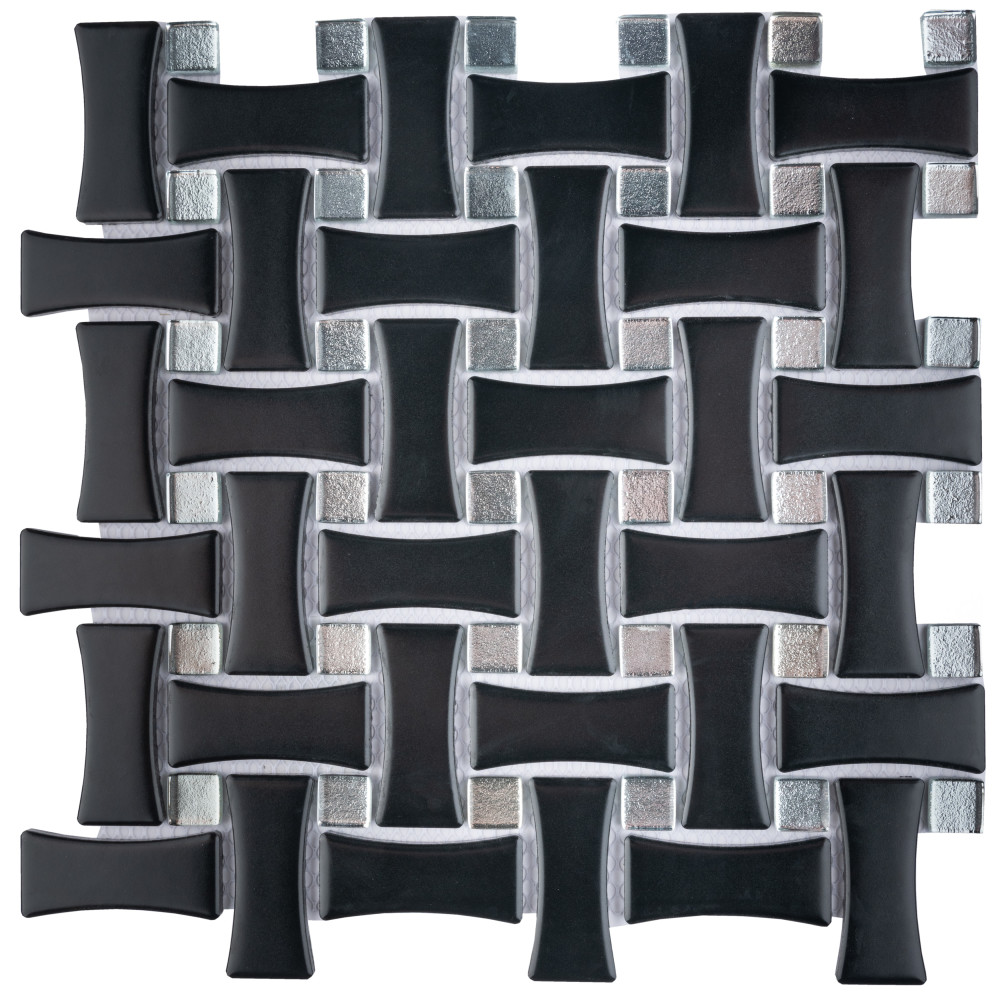 Metro Dog Bone Basketweave Matte Black w/Glass Silver Dot 10 in. x 10 in. Porcelain Mosaic Tile