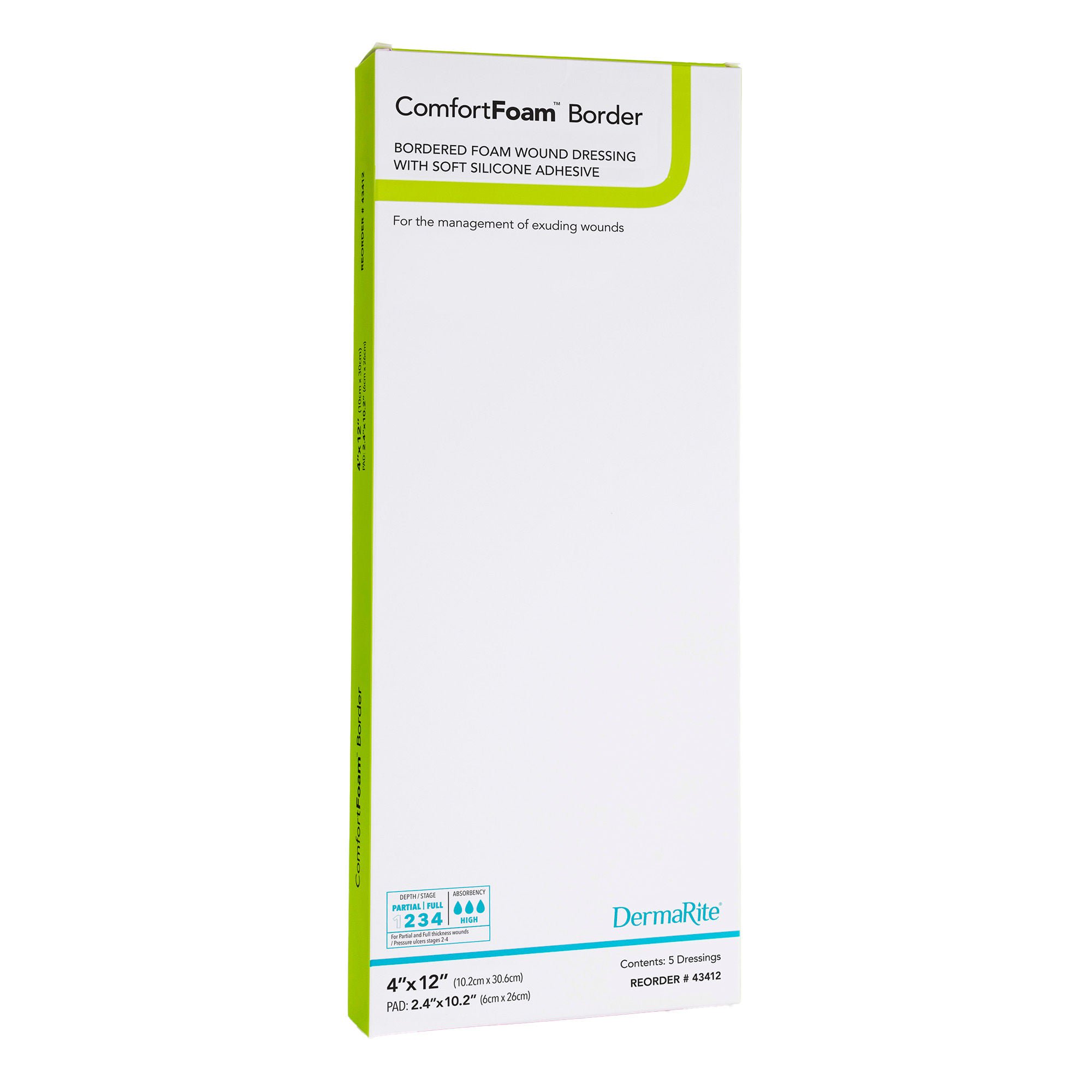 ComfortFoam™ Bordered Foam Wound Dressing w/ Soft Silicone Adhesive, 4 x 12 Inch
