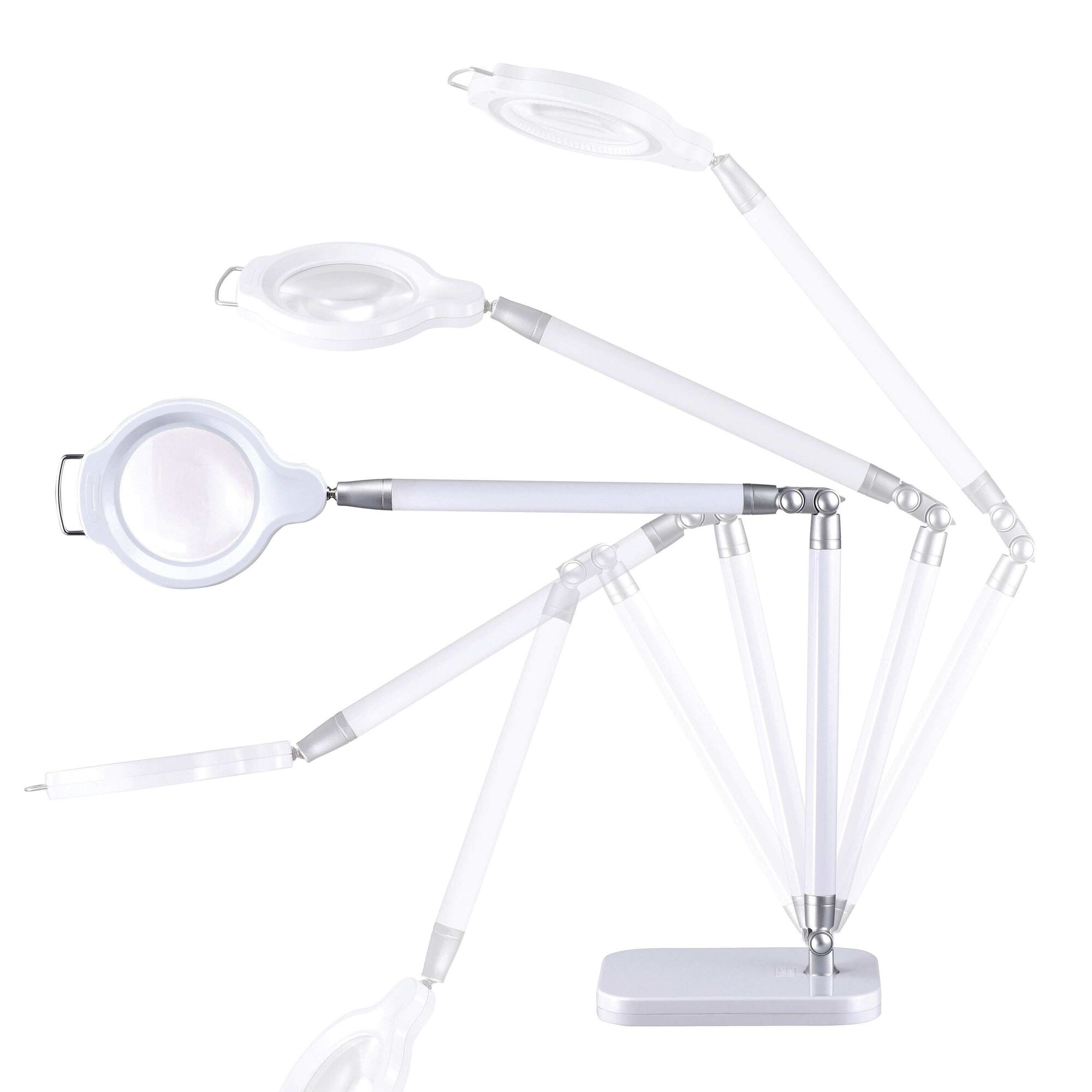 Adjustable stand feature of an ultra reach magnifier led desk lamp.