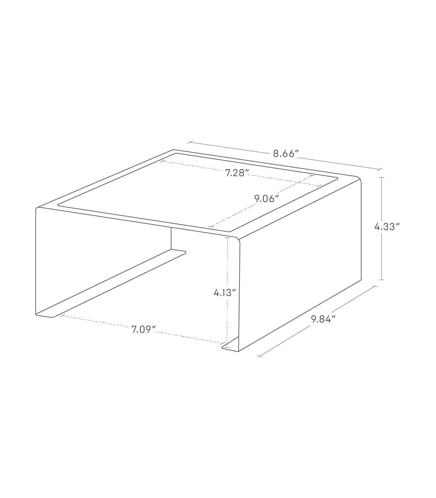 Dimension Image for Countertop Shelf on a white background showing height of 4.33 inches, length of 9.84 inches, width of 8.66 inches, internal height of 4.13 inches, internal width of 7.09 inches, top recessed width of 7.28 inches and top recessed length of 9.06 inches.