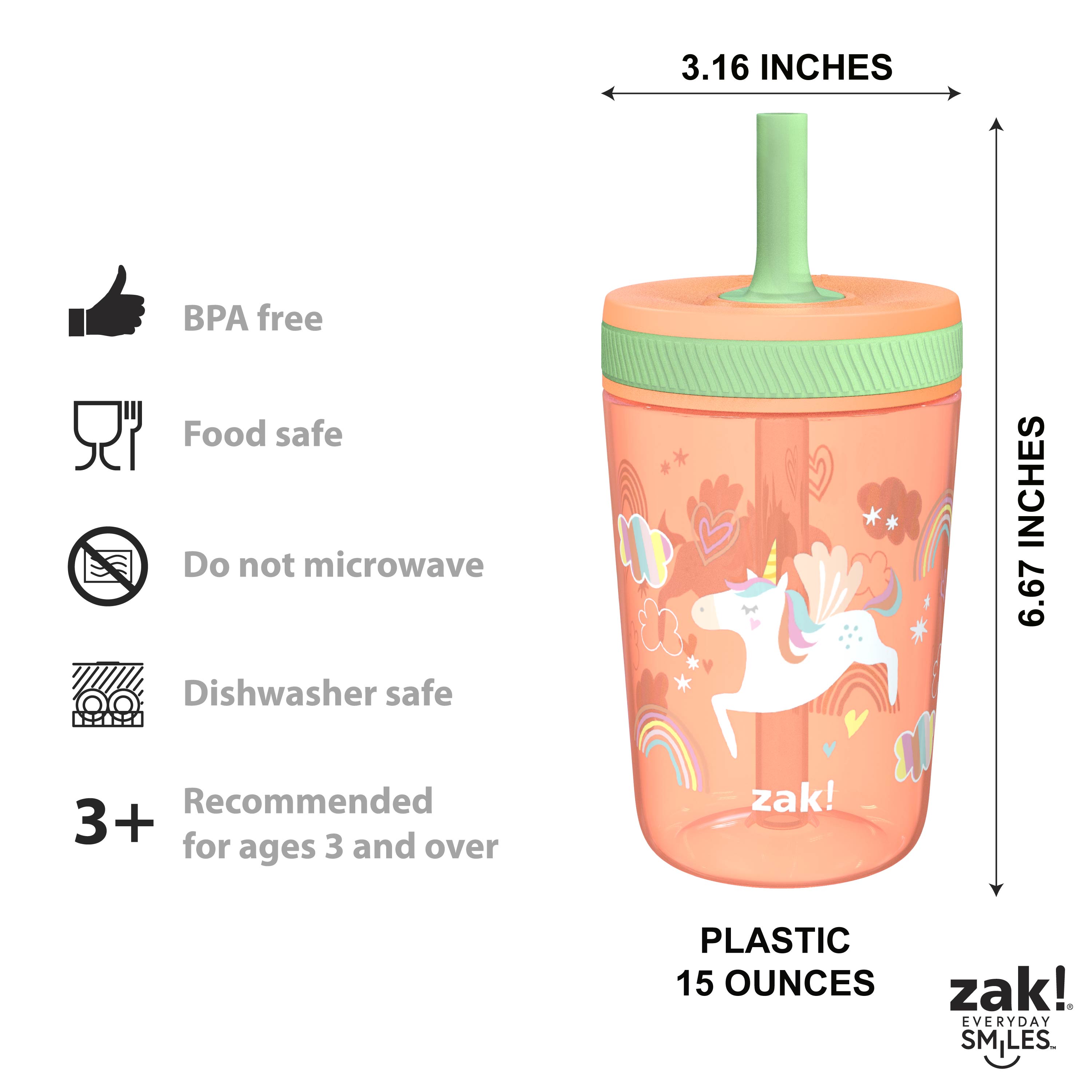 Zak Hydration 15  ounce Plastic Tumbler, Unicorns, 3-piece set slideshow image 7