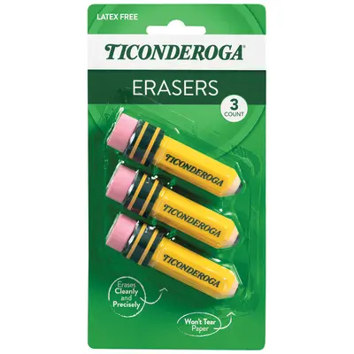 Ticonderoga Pencil Shaped Erasers, Yellow, 3 Count