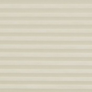 Beige honeycomb (cellular) pleated blind spans the frame, closed in even horizontal bands, softly diffusing light; plain interior setting with neutral lighting and no visible view.