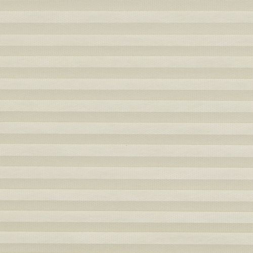 Beige honeycomb (cellular) pleated blind spans the frame, closed in even horizontal bands, softly diffusing light; plain interior setting with neutral lighting and no visible view.