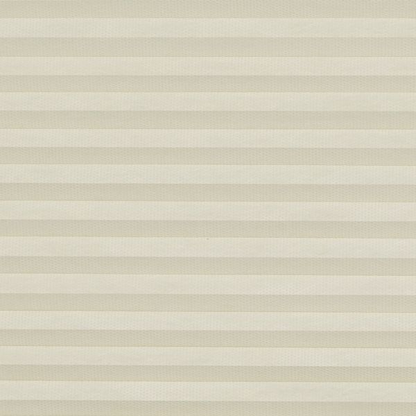 Beige honeycomb (cellular) pleated blind spans the frame, closed in even horizontal bands, softly diffusing light; plain interior setting with neutral lighting and no visible view.