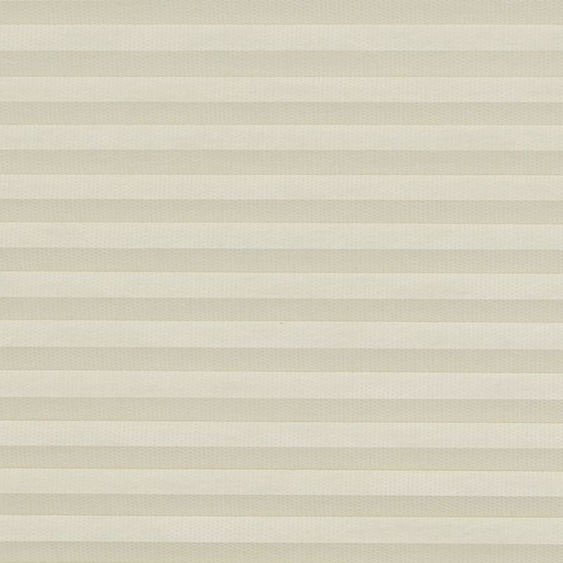 Beige honeycomb (cellular) pleated blind spans the frame, closed in even horizontal bands, softly diffusing light; plain interior setting with neutral lighting and no visible view.
