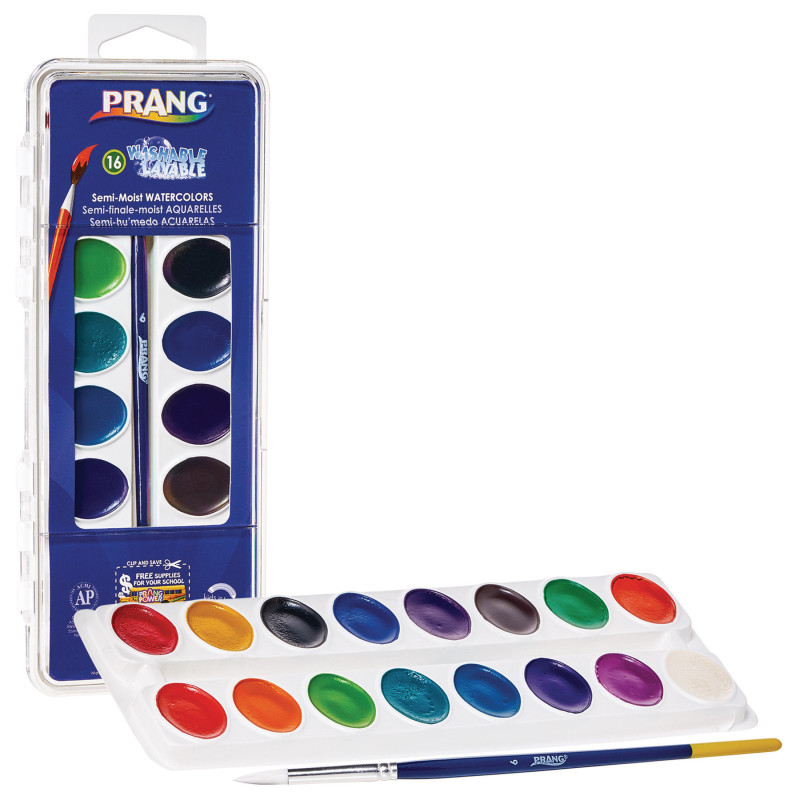 Semi-Moist Washable Watercolor Set, 16 Assorted Colors
