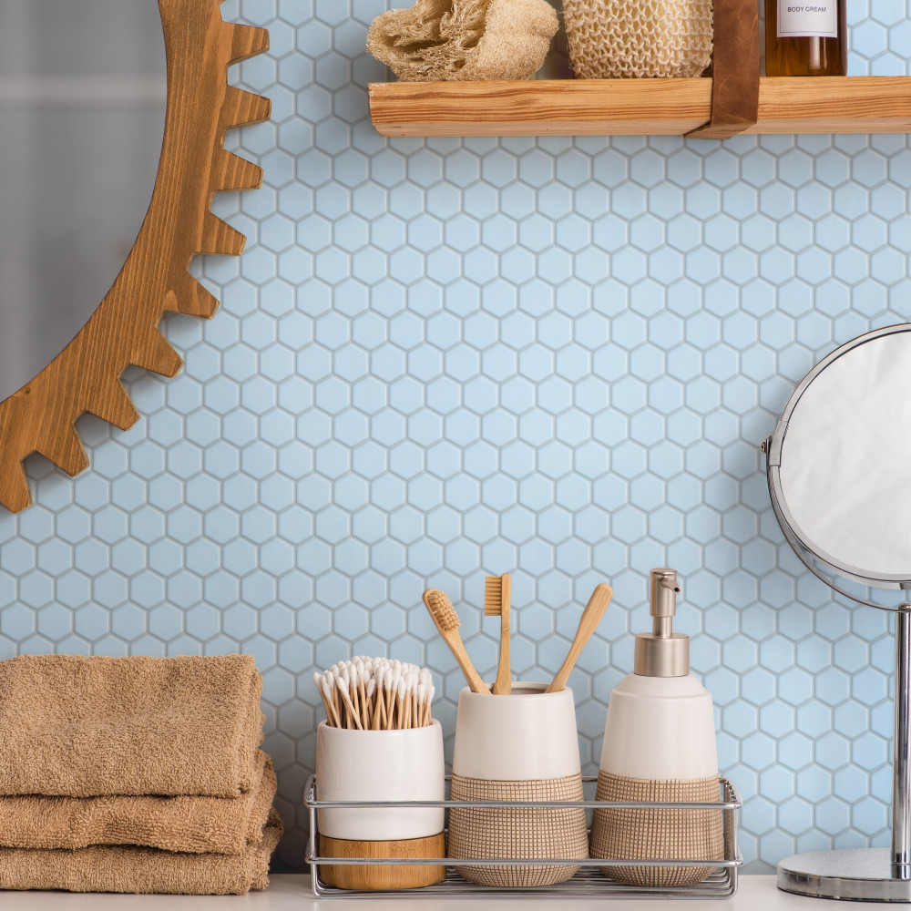 Sample – Metro 1″ Hex Matte Light Blue Porcelain Mosaic Tile