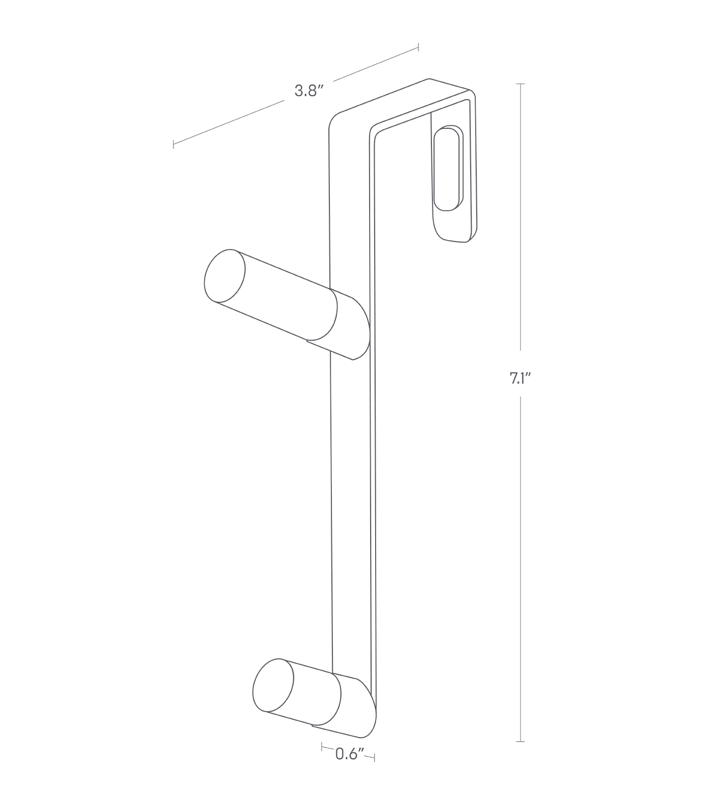 Dimenision image for Over-the-Door Hookon a white background showing total width of 0.6 inches, length of 3.8 inches, height of 7.1 inches