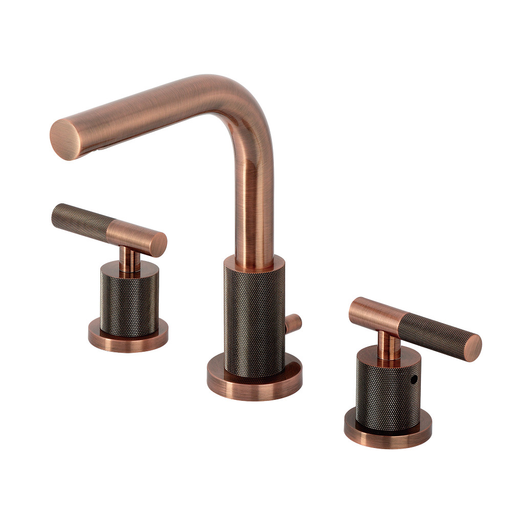 Two-Handle 3-Hole Deck Mount Widespread Bathroom Faucet with Knurled Handle and Brass Pop-Up, Antique Copper with 7 Finish Options