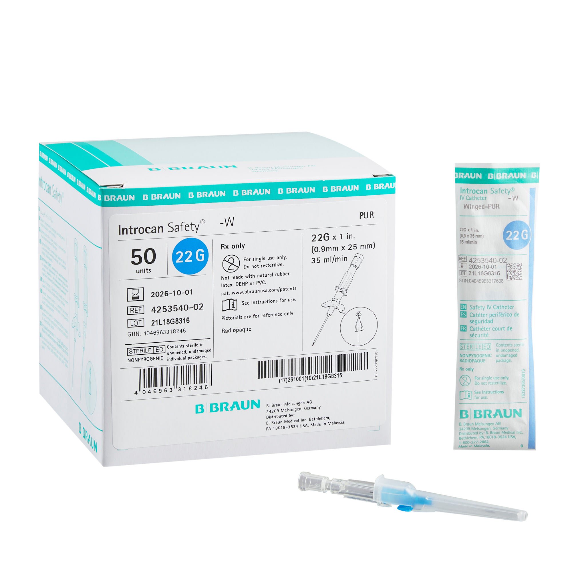 Introcan Safety® Peripheral IV Catheter, 22 Gauge, Winged
