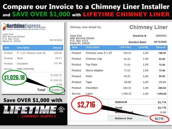 Compare Our Invoice to a Chimney Liner Installer and Save Over $1000 with a Lifetime Chimney Liner. Save Over $1000 with Lifetime Chimney Supply