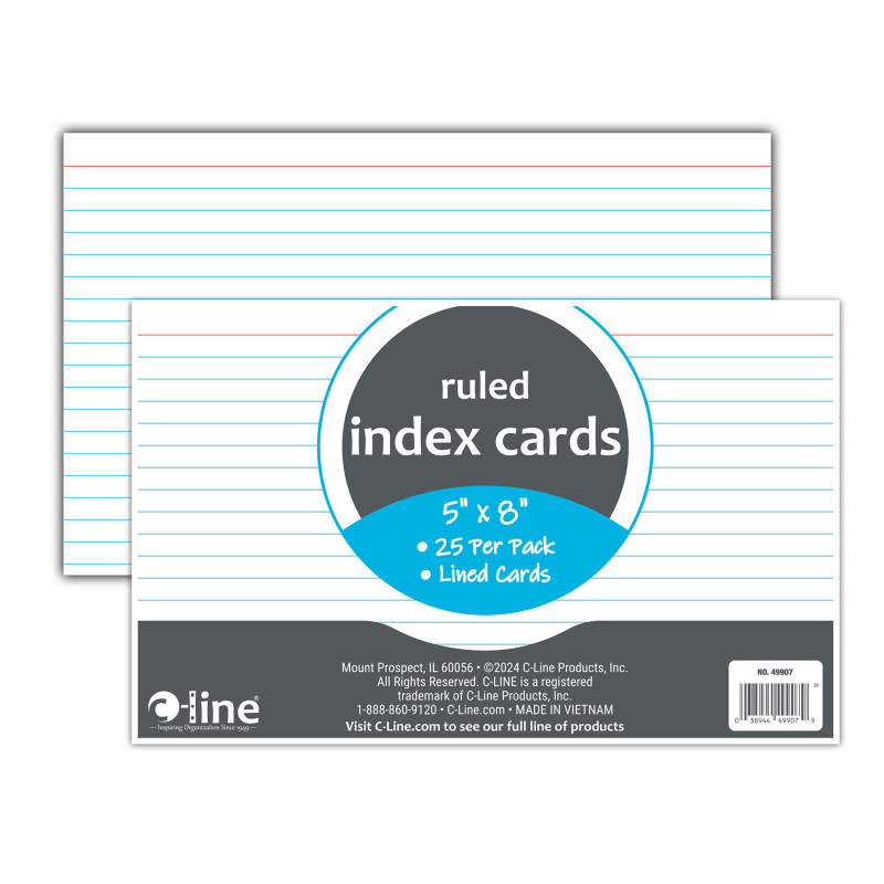 Index Cards, 5" x 8", White, Ruled, Pack of 25