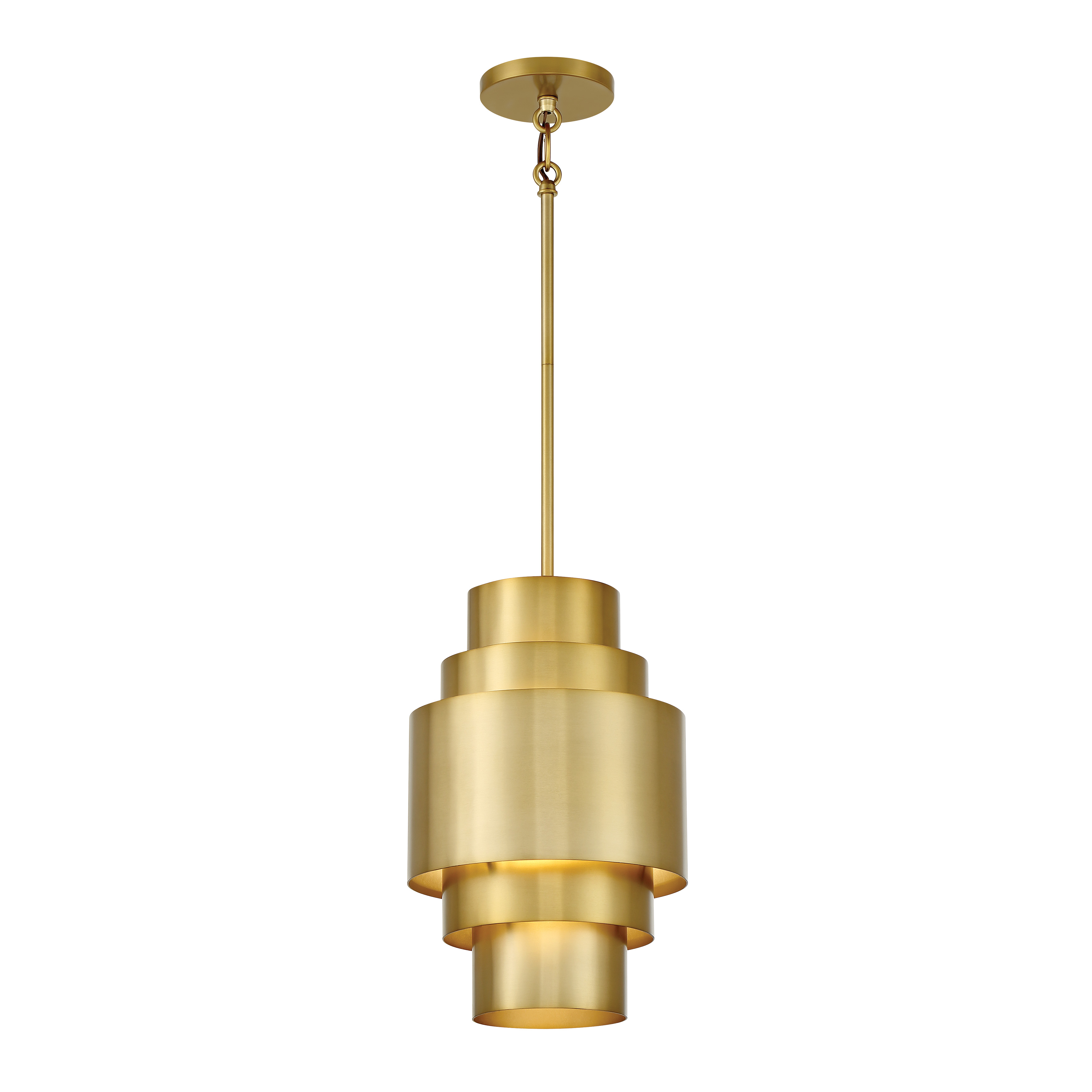 The SpyGlass Terrace pendant combines clean modern lines with the warmth of soft brass, creating an elegant focal point. Its compact 10-inch diameter makes it ideal for smaller spaces or grouped installations. - alternate view