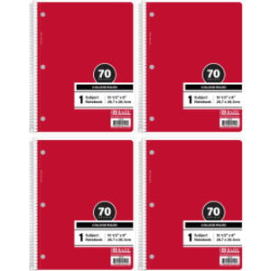1-Subject Spiral Notebooks, College Ruled, 70 Count, Red, 4-Pack