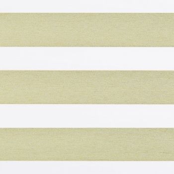 Dual-layer zebra roller blind across a window, featuring wide textured beige opaque bands alternating with sheer white stripes; aligned to partially filter light, suggesting a bright, minimal interior.